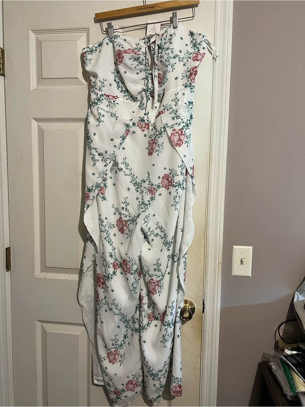Eloquii White Strapless Floral Jumpsuit with Pink Roses